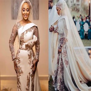 2021 Plus Size Arabic Aso Ebi Gold Sparkly Sexy Prom Dresses Sheath Long Sleeves Satin Evening Formal Party Second Reception Gowns ZJ25 219C