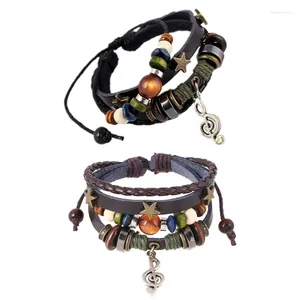 Charm Bracelets Leather Rope Braid Wrap Multi Layer Shield Wood Bead Wristband Bracelet 4XBF