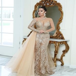 Sparkly Luxury Lace Mermaid Evening Dresses Beaded Appliqued Long Sleeves Sheer Neck Prom Dresses Vintage Customize Formal Party Gowns 251T