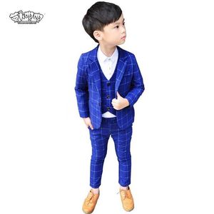 Garnitury nowe 3PCS Kids Plaid Wedding Blazer garnitur marka kwiat chłopcy formalne smoking garnitur dziecięcy sukienka na imprezę