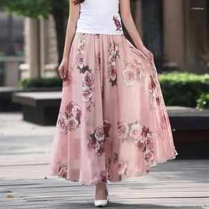 Skirts Chiffon Ink Painting Print Spring Summer Floral Long Skirt Elegant Chic A-Line Full Length Ankle Beach Zmzb