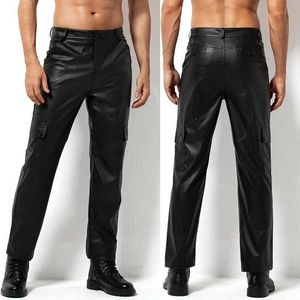 Men's Pants Arjen Kroos mens leather pants casual straight leg motorcycle PU leather pants with multiple pocketsL2405
