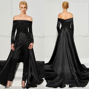 2022 Black Lace Jumpsuits Evening Dresses With Detachable Train Off The Shoulder Beaded Formal Gowns Long Sleeves Sequined Prom Dress B 292Y