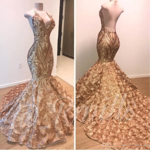 Elegante 2021 Africano Gold baile vestidos sereia halter v pescoço 3d Flores vestidos de noite sem mangas