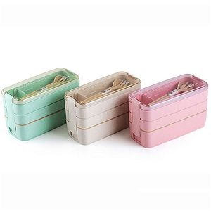 Borse per il pranzo borse di grano St Box Microonde Bento scatole a tre livelli Health Natural Student Portable Food Storage Drop Delivery Hom Dhvtf