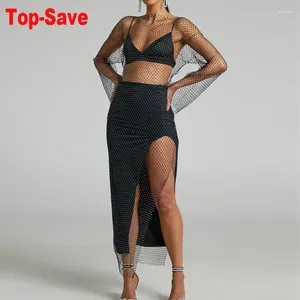 Lässige Kleider glänzender Strasssteine Gitter Fischnetzkleid Langarm O-Neck Hollw Out 2024 Sommer Sexy Strand mit atmungsaktivem Lady Vestidos