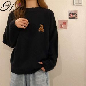 H.sa ankomster kvinnor Cartoon and Pullovers Oneck Knitwear Bear Sweater Loose Style Korean Chic Wear Undefined Tops 210417 Xhe8 YBZ7 NHH3