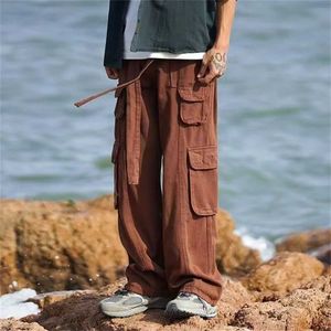 Mäns byxor Fashion Cargo Pants for Herr Summer Loose Fit Wide Leg Pants Trendy and Versatile Casual Black Harajuku Sports Pants Y240513
