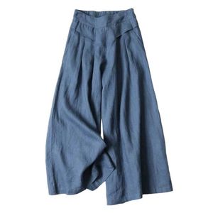 Women's Pants Capris Summer Pants for Women Cotton Linen Large Size Wide Leg Pants Femme Arts Style Elastic Waist Solid Casual Loose Pantn Y240509