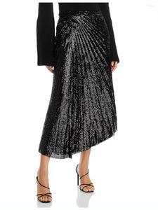 Skirts ALC Spring/Summer Women Skirt Pleated Folds Casual Nylong Black Asymmetrial Ankle-Length High Waist Vintage Sequin Shining