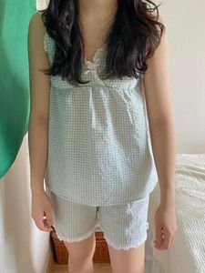 Hemkläder Kvinnor Kawaii Plaid Pyjama Set Lace Trim V-Neck Backless Camisole With Shorts Sleepwear Loungewear Korean Chic Pyjama