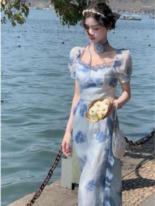 Parti elbiseleri moda kadınlar mavi çiçek baskısı tatil prenses gece elbisesi vintage zarif bayanlar puflu kolu uzun