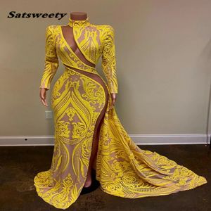 Long Sleeve Sexy Prom Dresses 2021 High Neck Side Slit Yellow Sequin African Black Girls Mermaid Evening Party Gowns 349B