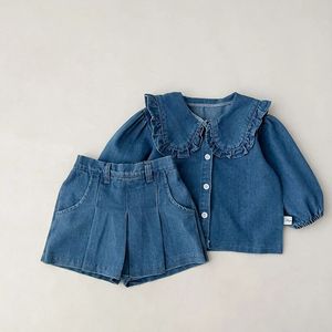 Spring Girls Set Denim Cardigan PulloverShort Sump Set Girls Solid Casual Fashion Short Skirt Set 240507