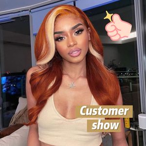 Long Honey Blonde Lace Frontal Human Human Wig ombre Ginger laranja Frente full Destaque 28 30 polegadas Sintéticas Deep Deep Wigs Adequado para qualquer forma de rosto