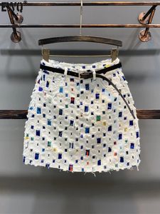 Ewq kvinnor färgglada denim kort kjol inslagna höftkontrast hög midja a-line mini kjolar sommar mujer faldas 8661 240420