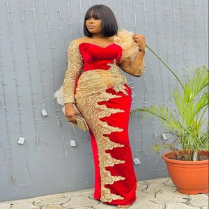 2021 Red Aso Ebi Evening Dresses Long Sleeves Sheer Neck Gold Lace Appliques Plus Size Special Occasion Prom Party Gowns Vestidos De No 291J