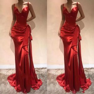 Elegant Red Long Evening Dresses 2021 Sweetheart Mermaid Formal Prom Dress with Slit Sweep Train dragkedja sidodelad aftonklänningar Satin 2354