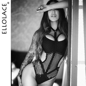 Sexig uppsättning ellolace Sheer Knit Fish Net Mesh Bodysuit Women Goth underkläder overaller ihåliga ut ärmlös kropp svart spets topp q240511