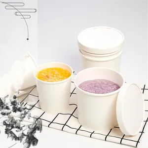 Tek kullanımlık fincan pipetler 50pcs yüksek kaliteli beyaz kraft kağıt paketleme ambalaj 8oz 12oz 12oz 16 oz dondurma tatlı çorba yuvarlak bardak kapaklı