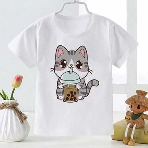 Camisetas kawaii gato leite leite leite kids algodão de algodão super fofo desenho animado moda tendência t-shirt menino menino casual de bebê roupas de algodão T240509