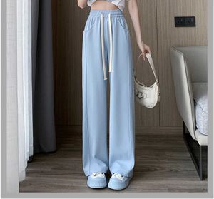 Frauenhose Capris Blau Korean frischer Drapeeffekt hohe Taillenhosen Mode weibliche Sommer Baggy Wide Lein Hose Strt klassische Frauen Jogginghose Y2K Y240509