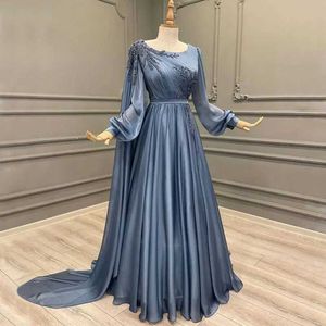 Runway Dresses Dust Blue A Line Muslim Beading aftonklänningar Bateau Neck Långärmar Promklänningar Sop Train Chiffon Pleated Formal Dress