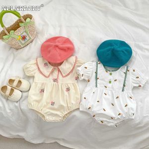 Rompers 2023夏の新しい赤ちゃん女性の短い袖のネックライン刺繍入り花ren