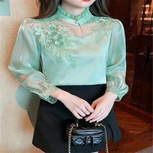 Women's Polos Elegant 2024 Autumn Shirt Embroidery Beads Chiffon Simple Office Blouse Loose Tops Long Sleeve Casual Blouses Women