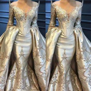 Stunning Evening Dress With Detachable Train Sheer Jewel Neck Long Sleeves Appliqued Beaded Sequins Formal Party Gown Custom Made Prom 2851