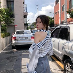 Bluzki damskie gidyq eleganckie koszule w paski kobiety seksowne z ramię kantar zwykłej koreańskiej mody pustej topy streetwearu z długim rękawem