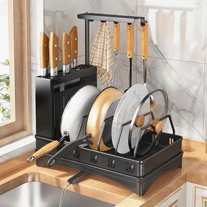 Kitchen Storage Organizer Bowl Pan Pot Rack Knife Stand Holder Cutting Board Cutlery Shelf Drain Accessories