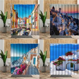 Shower Curtains Scenery Curtain Greece Seaside City Blue House Flower Summer Printed Fabric Bathroom Home Bath Decor Kurtyny