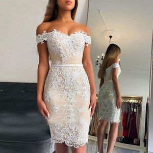 Light Champagne Beaded Cocktail Dresses Knee Length Short White Lace Applique Sweetheart Women Tight Fitted Party Dress 260S