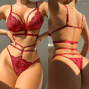 حمالات الصدرية تضع لونًا صلبًا بدون Trace Lace Bra Tie Braines Women Women Red Lingerie Romanting مجموعة أنيقة من 2 ROPA الإناث