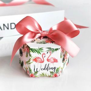 Present Wrap 50/100st Creative Hexagon Pink Marble Style Candy Box Romantic Wedding Party Bomboniera med band