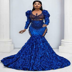 2021 Arabski Aso Ebi Royal Blue Luksusowe sukienki wieczorne syreny koronkowe suknie balowe kryształy formalne impreza druga suknie przyjęte 293c