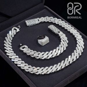 Passera diamanttestare Ice Out Baguette Moissanite Hip Hop Sier smycken Set Cuban Link Chain Armelets Halsband och ring för människan