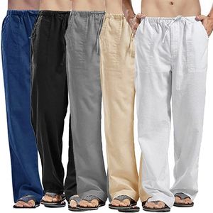 Męskie bawełniane spodnie lniane wiele kieszeni lniane oddychające spodnie sprężyste joggery fitness spodni swobodne luźne spodnie dresowe 240513
