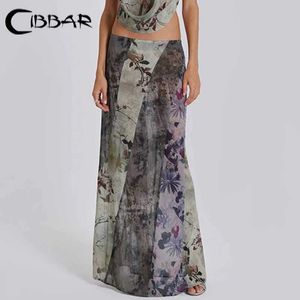 Skirts CIBBAR Retro Floral Print Long Skirt 2000s Vintage S Through Patchwork Mesh Low Rise Skirts for Women Harajuku Outfits y2k New Y240513