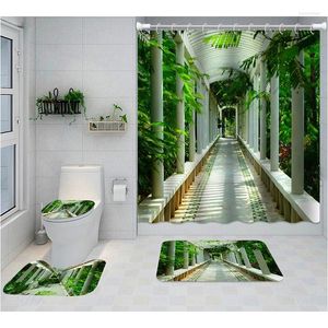 Duschgardiner Green Plant Landscape Curtain Set Garden Gallery Flowers Forest Landery Badrum Dekor Badmatta Toalettuppsättning