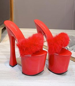 Letnie kobiety 17 cm obcasy 7 cm platforma futrzana sandały slajdy luksusowe blok kapcie czerwone białe seksowne seksowne fetysze buty balsamowe 6163991
