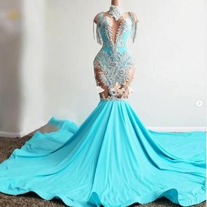 2023 Abiti da ballo Turquoise sexy sirena illusione scintillante appliques in pizzo argento maniche abiti da festa formale più abiti da sera b 266f