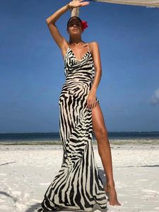 Vestidos casuais 2024 Sexy Spaghetti Strap lateral Dress Split Beach Dress Sundress Clothes Mulheres elegantes Zebra Back Open Club Party Party Party