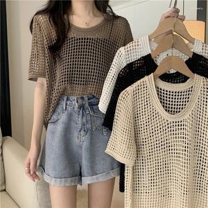 Kvinnors T-skjortor Boring Honey Women Hollow Out Knitting T-shirt Korea mode All-Match O-Neck Tops Slim Thin Short Sleeve Sunscreen Shirt