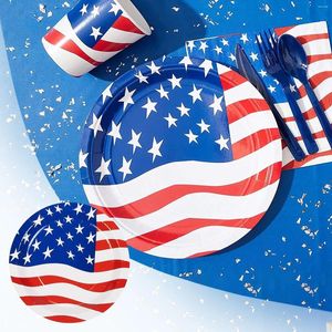 Löffel 16 PC Einwegpapierplatten Tassen Servietten Besteck Flagge Independence Day Dekorationen Party kleiner blaugrüner Tischküche Vorräte