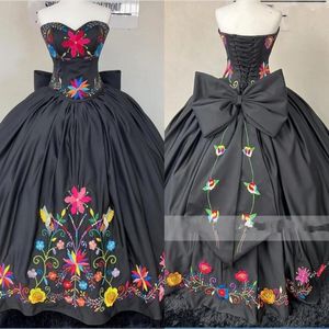 2023 Modest Mexican Embroidered Evening Dresses Formal Special Occasion Sweetheart Satin Corset Back Bow Quinceanera Dress Sweet 16 Gir 260b