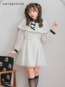 Sukienki swobodne japońska kopalnia masowo produkowana sukienka dla kobiet słodka łuk długi rękaw wiosna jesienna elegancka koronka