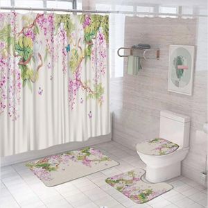 Cortinas de chuveiro FLORE roxa Flor roxa Butterfly Set Gird Green Folhas Planta Banheiro