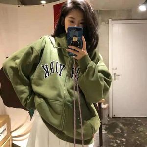 Женские толстовка американской York Letter Emelcodery Vintage Green Zip Up Hoodie Women Coat Casual негабаритная толстовка для подростков осени